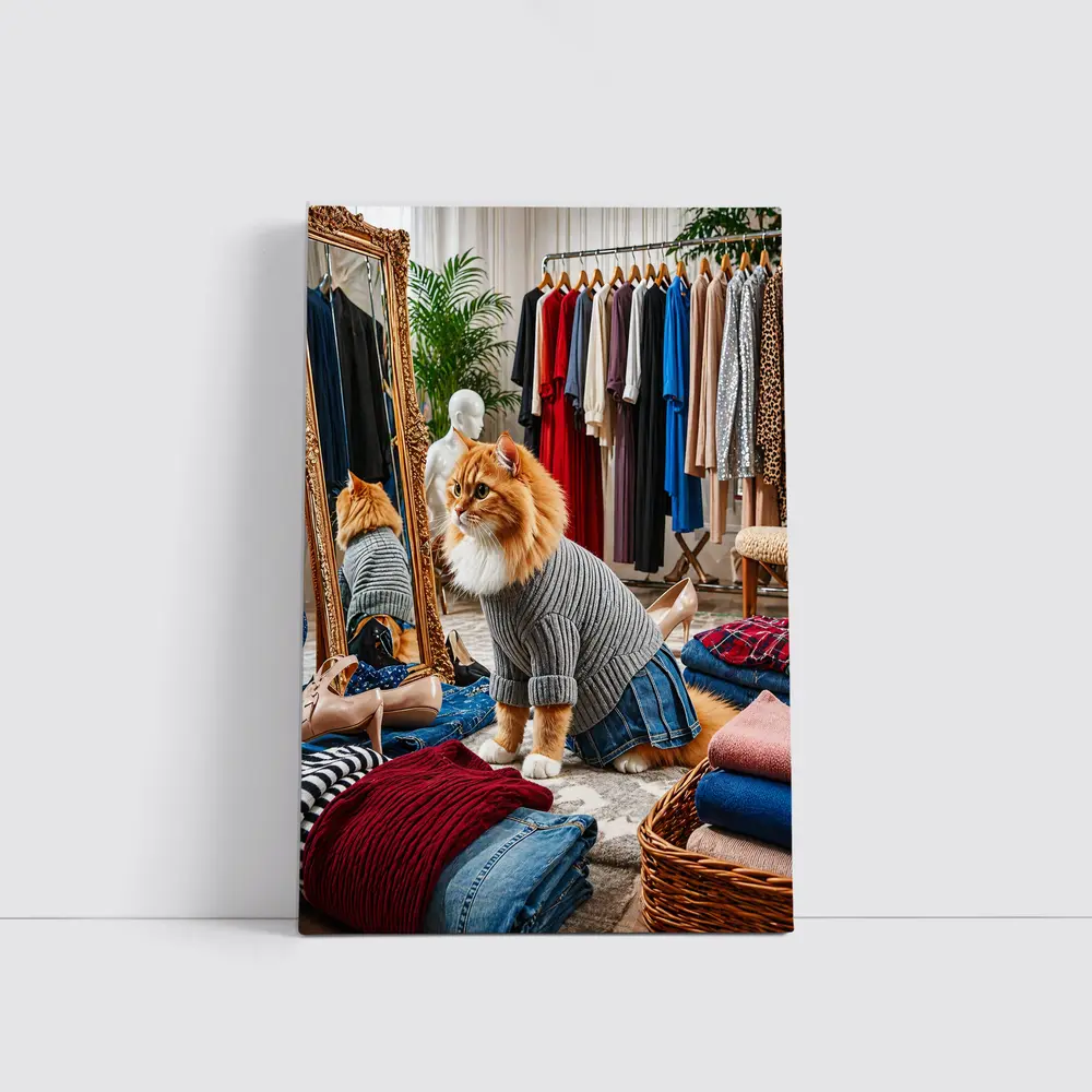Orange Cat Wearing Sweater in Fashion Boutique – Wall Art