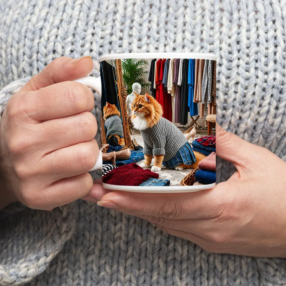 Orange Cat Wearing Sweater in Fashion Boutique – Mugs