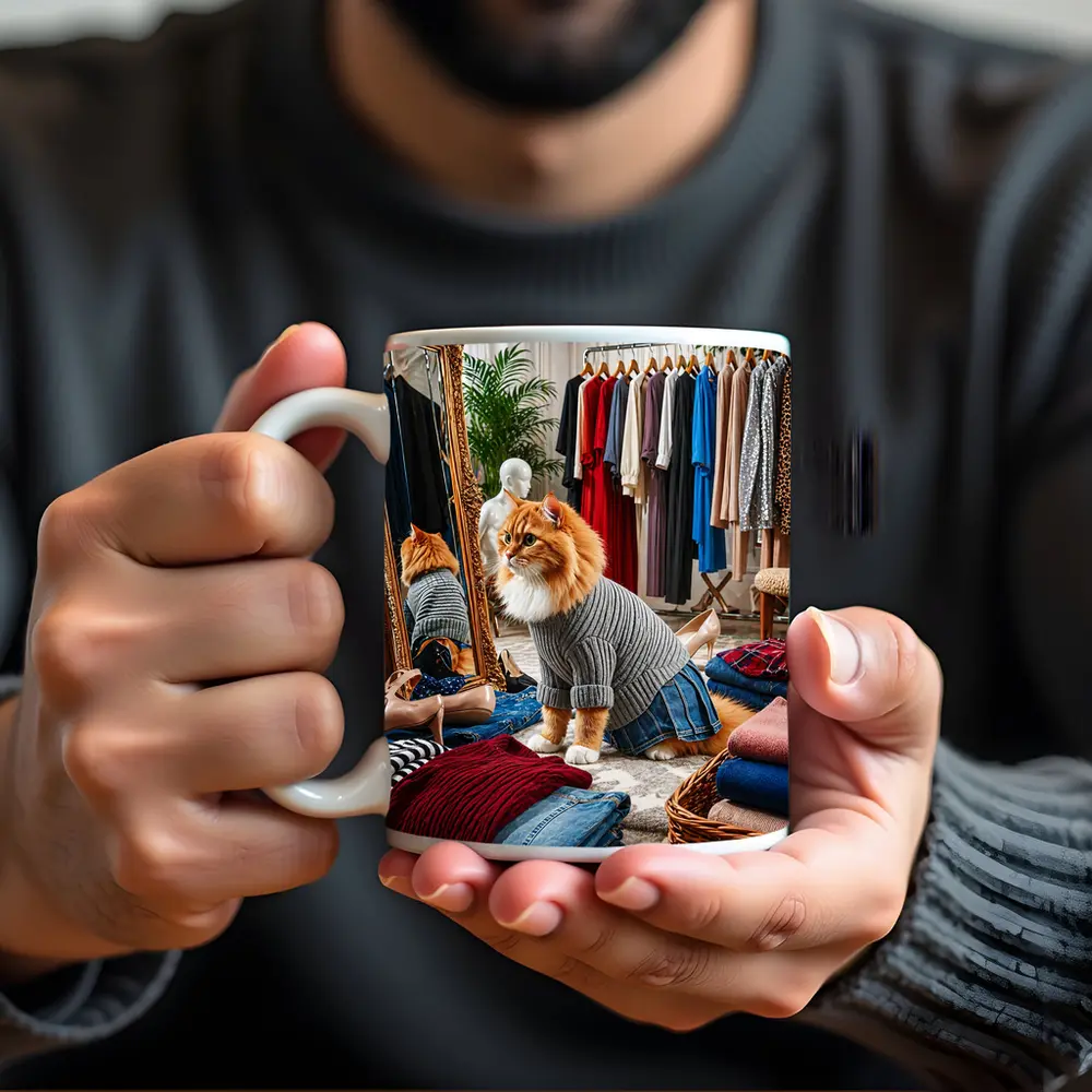 Orange Cat Wearing Sweater in Fashion Boutique – Mugs