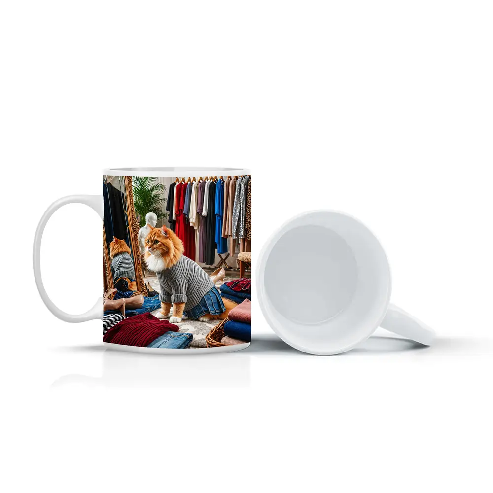 Orange Cat Wearing Sweater in Fashion Boutique – Mugs