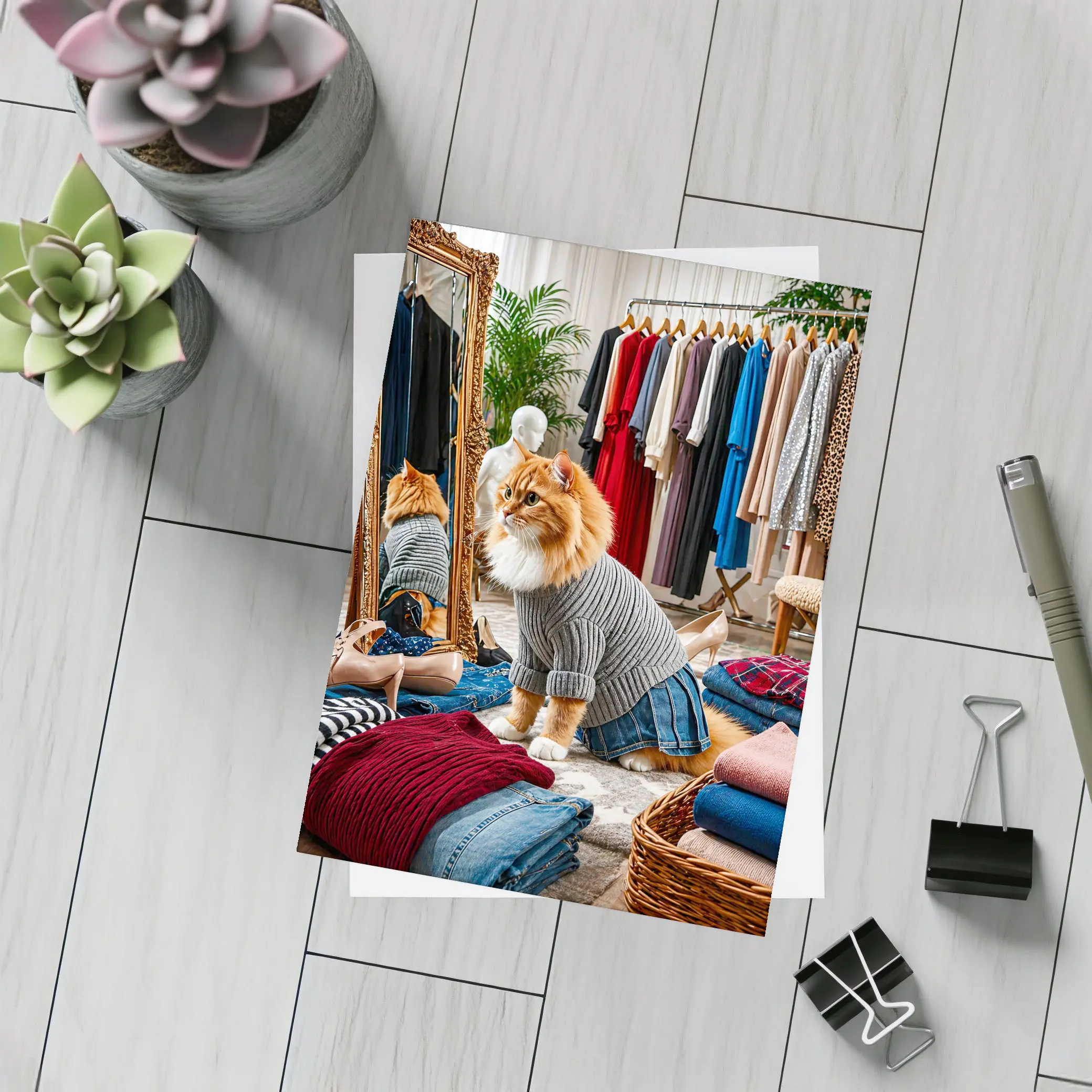 Orange Cat Wearing Sweater in Fashion Boutique – Postcards
