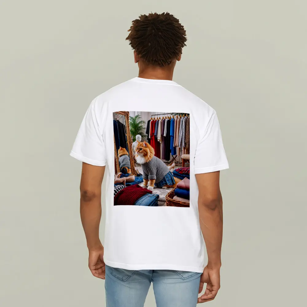 Orange Cat Wearing Sweater in Fashion Boutique – T-Shirts