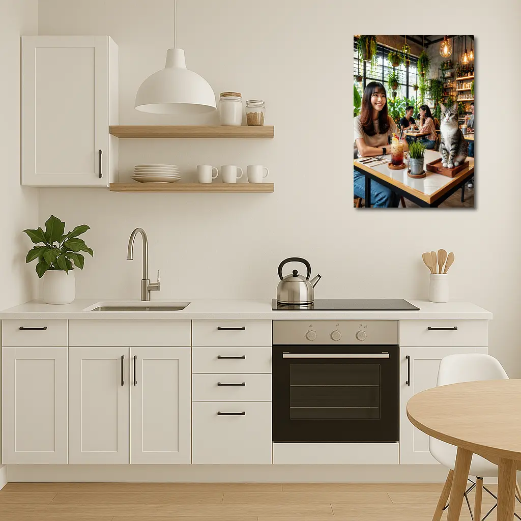 Cat Sitting in Green Plant Filled Cafe – Wall Art