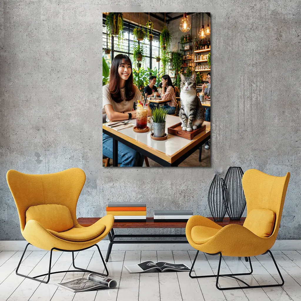 Cat Sitting in Green Plant Filled Cafe – Wall Art