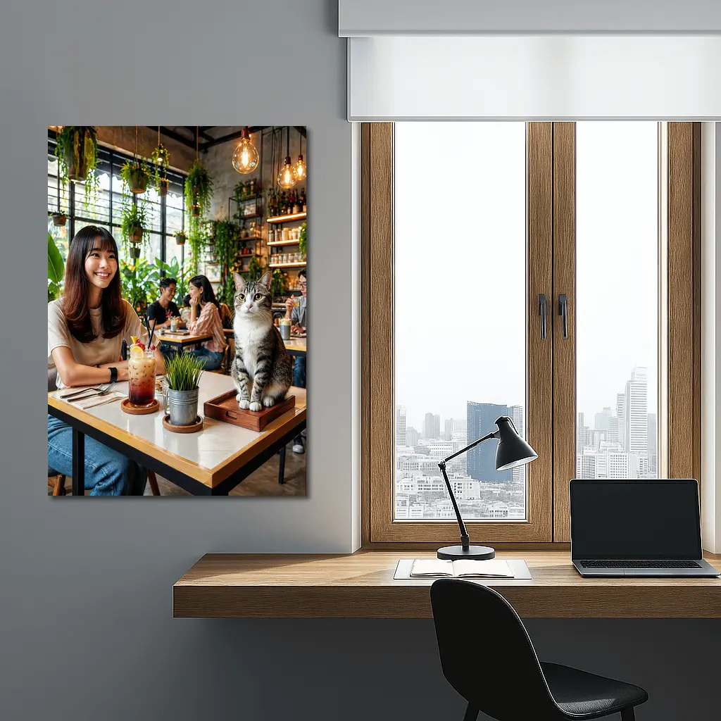 Cat Sitting in Green Plant Filled Cafe – Wall Art