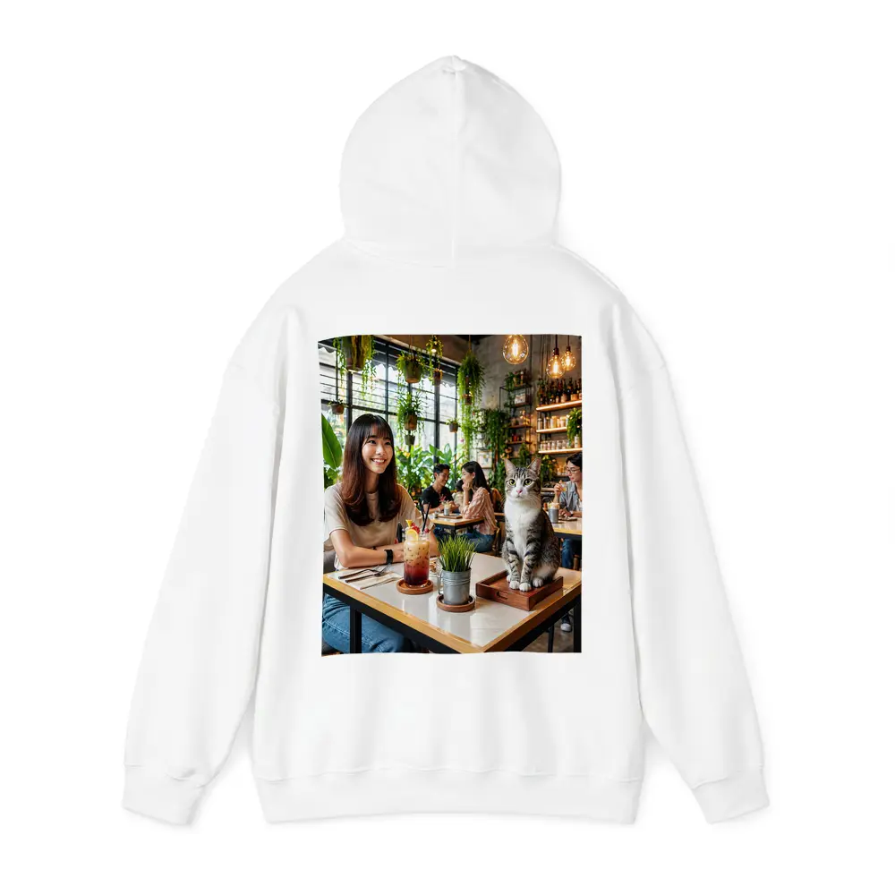 Cat Sitting in Green Plant Filled Cafe – Hoodies