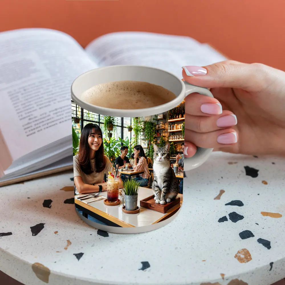Cat Sitting in Green Plant Filled Cafe – Mugs
