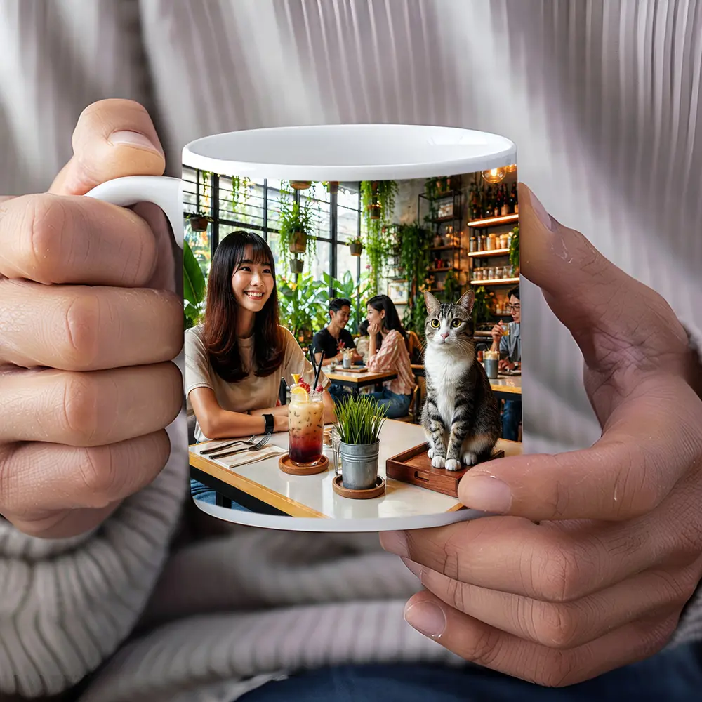 Cat Sitting in Green Plant Filled Cafe – Mugs