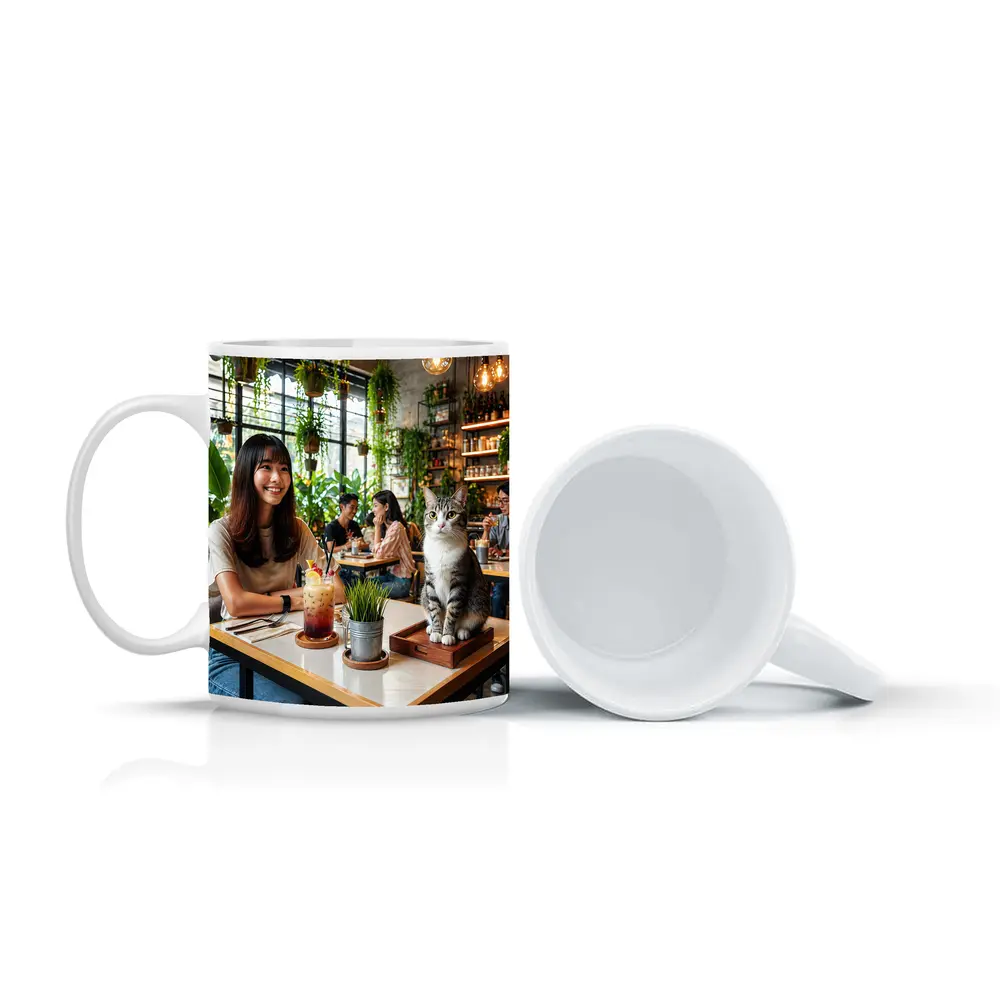 Cat Sitting in Green Plant Filled Cafe – Mugs