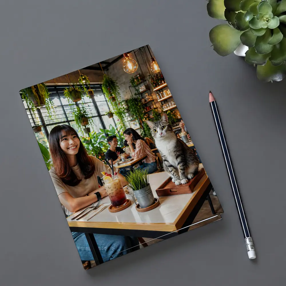 Cat Sitting in Green Plant Filled Cafe – Notebooks