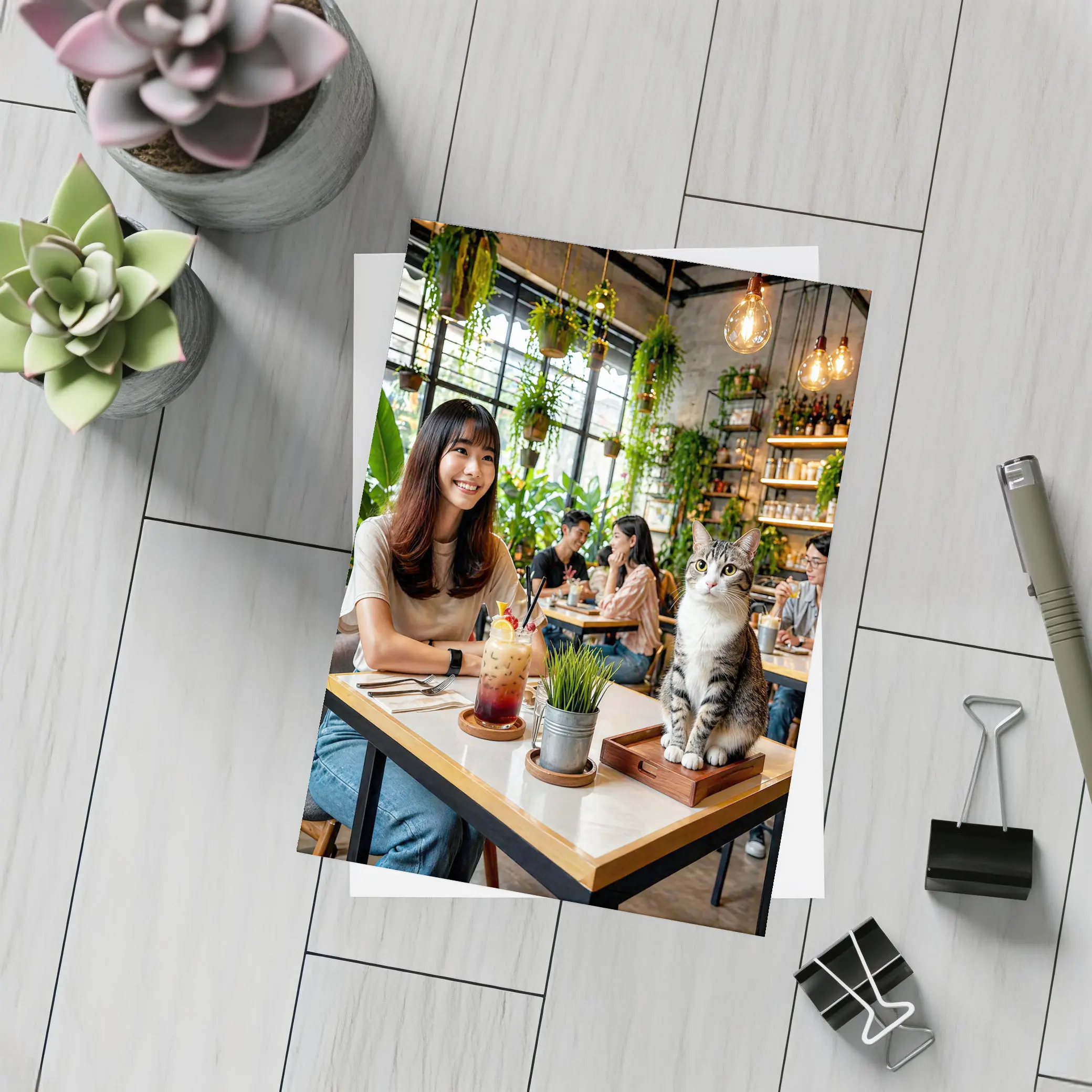 Cat Sitting in Green Plant Filled Cafe – Postcards