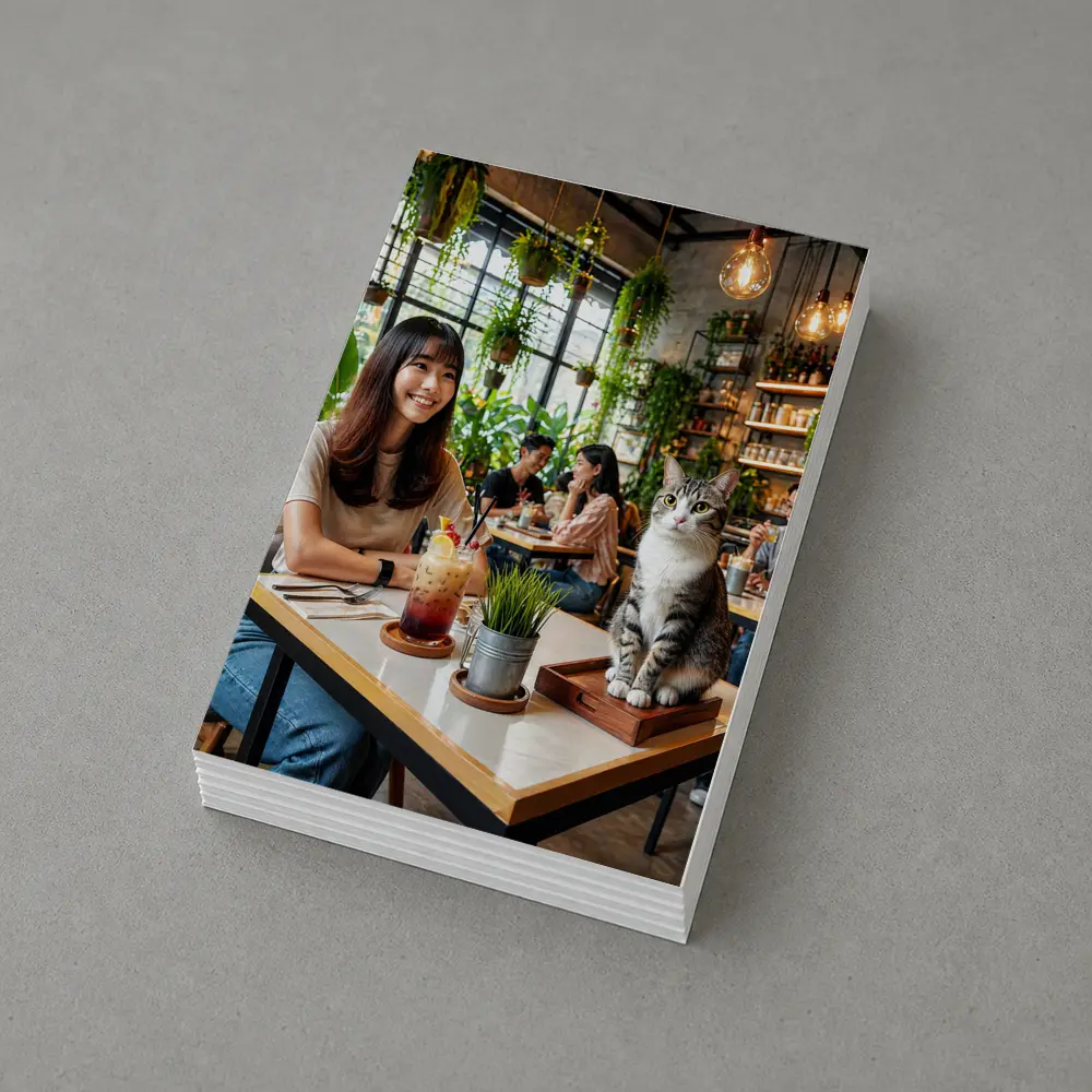 Cat Sitting in Green Plant Filled Cafe – Postcards