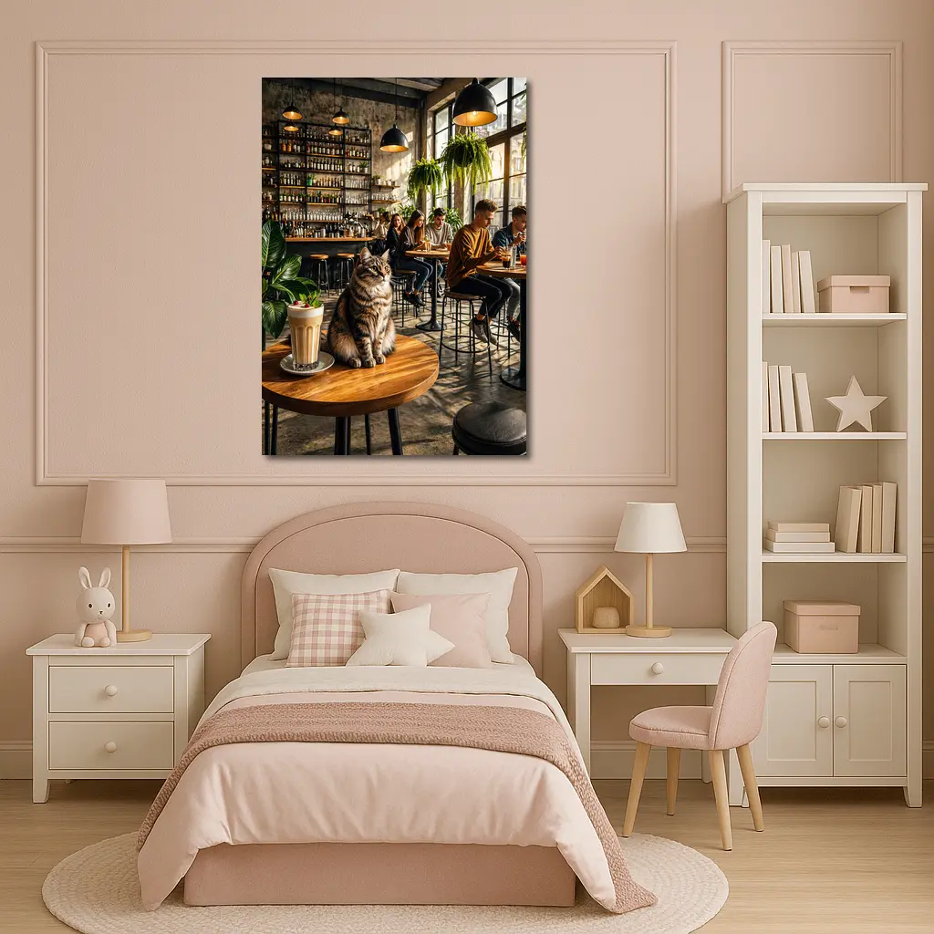 Tabby Cat Sitting In Cozy Industrial Cafe – Wall Art