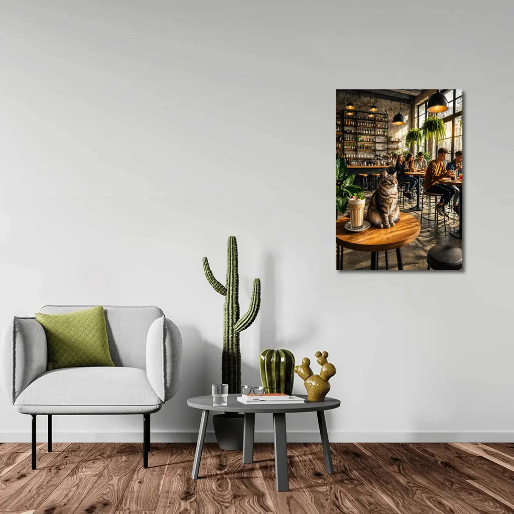 Tabby Cat Sitting In Cozy Industrial Cafe – Wall Art