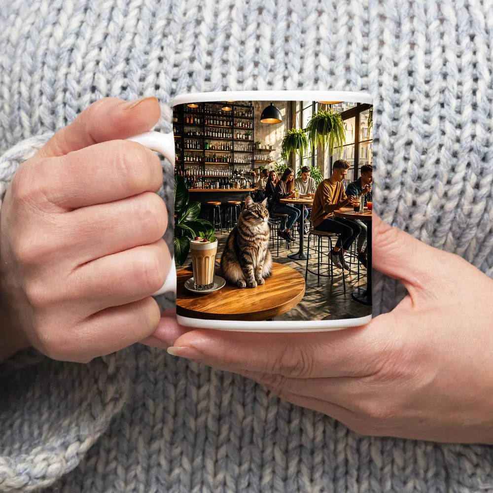 Tabby Cat Sitting In Cozy Industrial Cafe – Mugs