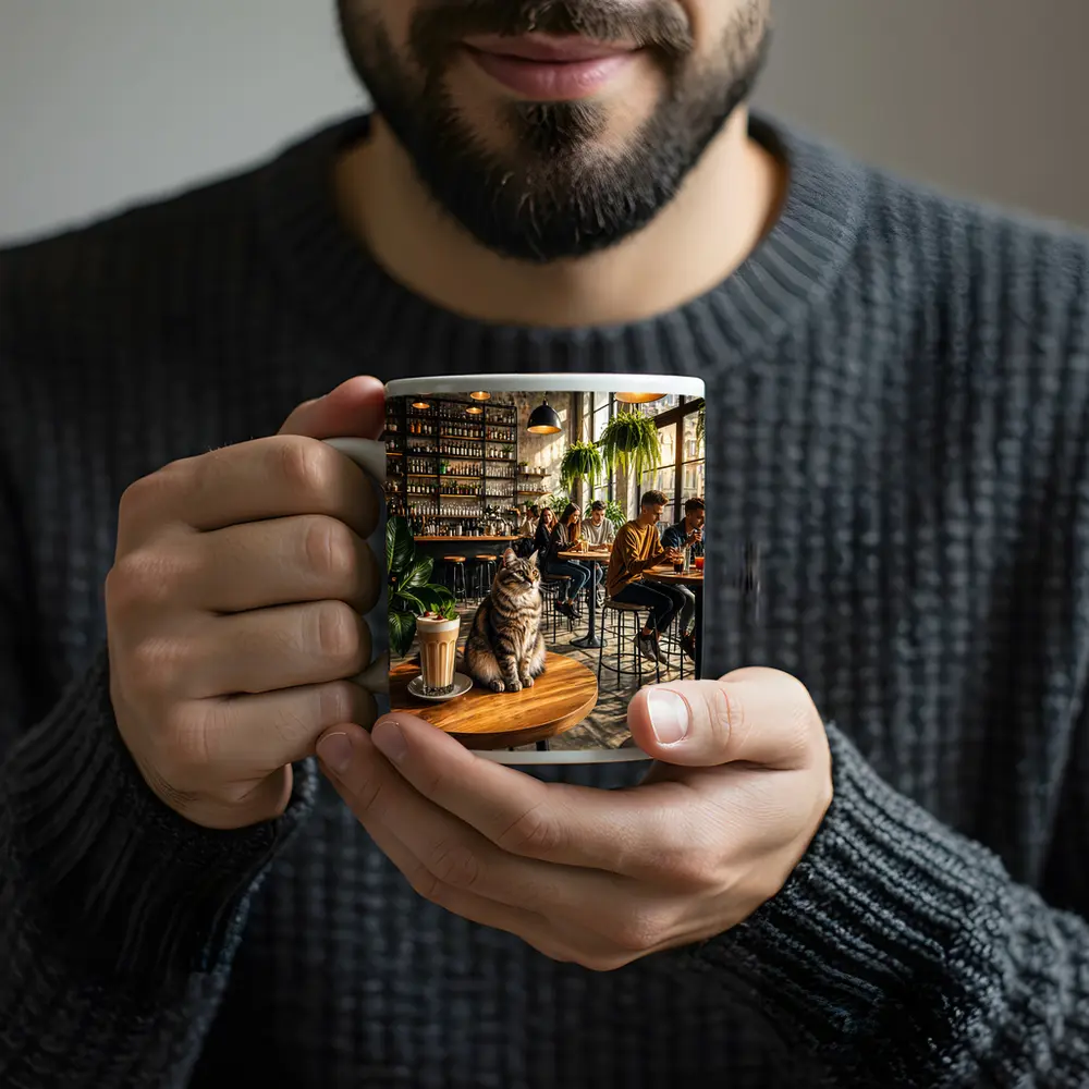 Tabby Cat Sitting In Cozy Industrial Cafe – Mugs
