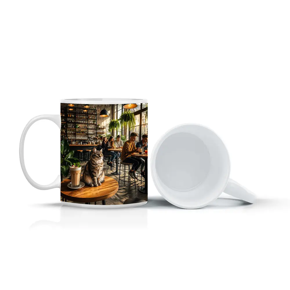 Tabby Cat Sitting In Cozy Industrial Cafe – Mugs