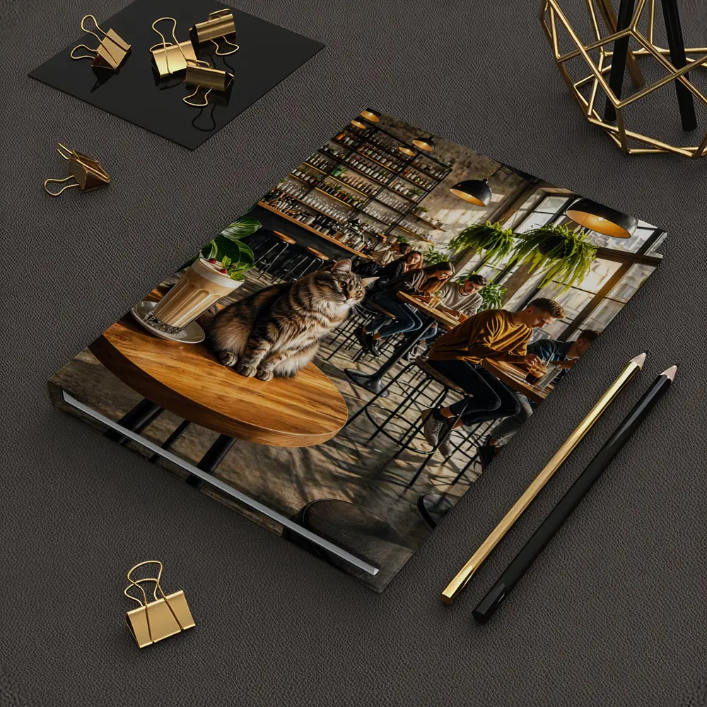 Tabby Cat Sitting In Cozy Industrial Cafe – Notebooks