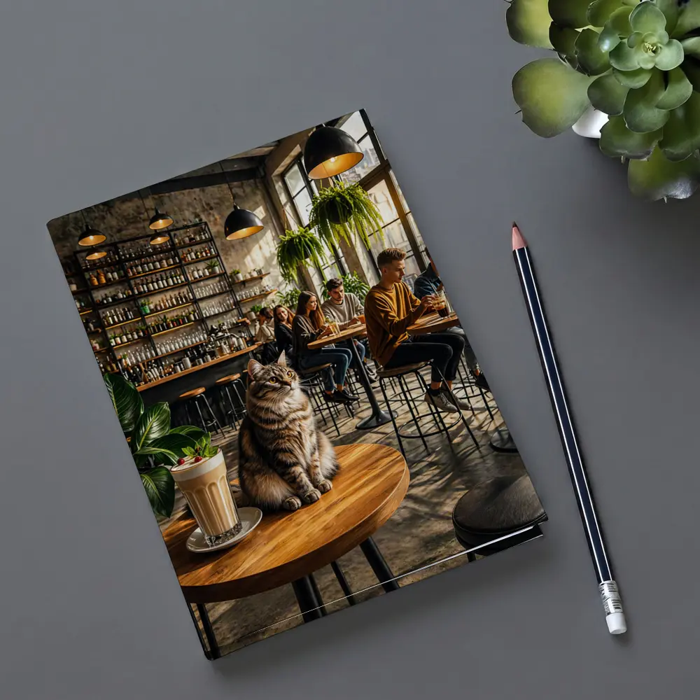 Tabby Cat Sitting In Cozy Industrial Cafe – Notebooks