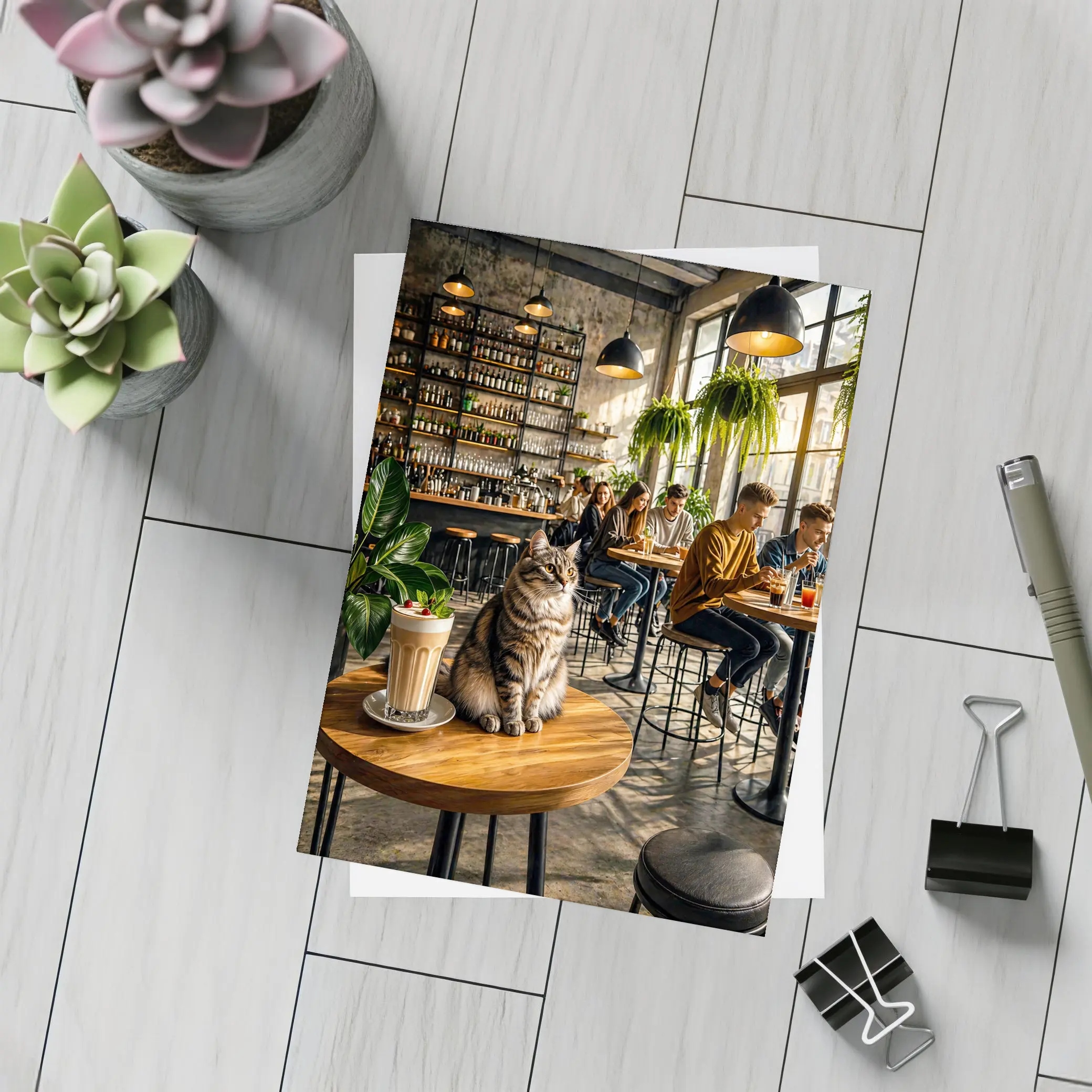 Tabby Cat Sitting In Cozy Industrial Cafe – Postcards