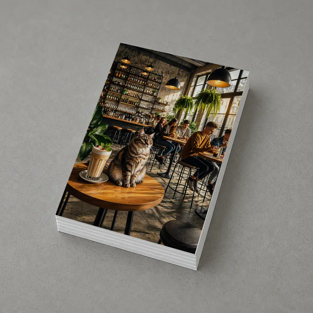 Tabby Cat Sitting In Cozy Industrial Cafe – Postcards