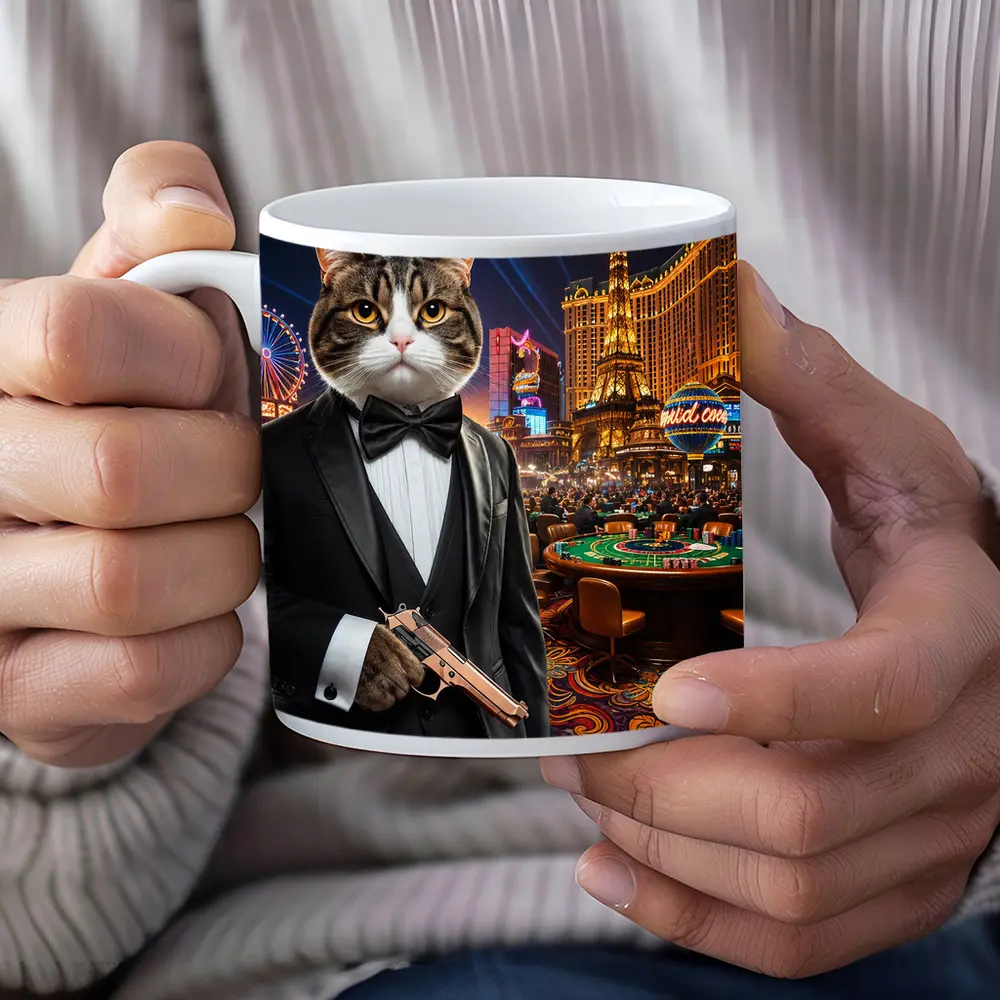 Tuxedo Cat Secret Agent Las Vegas Casino – Mugs