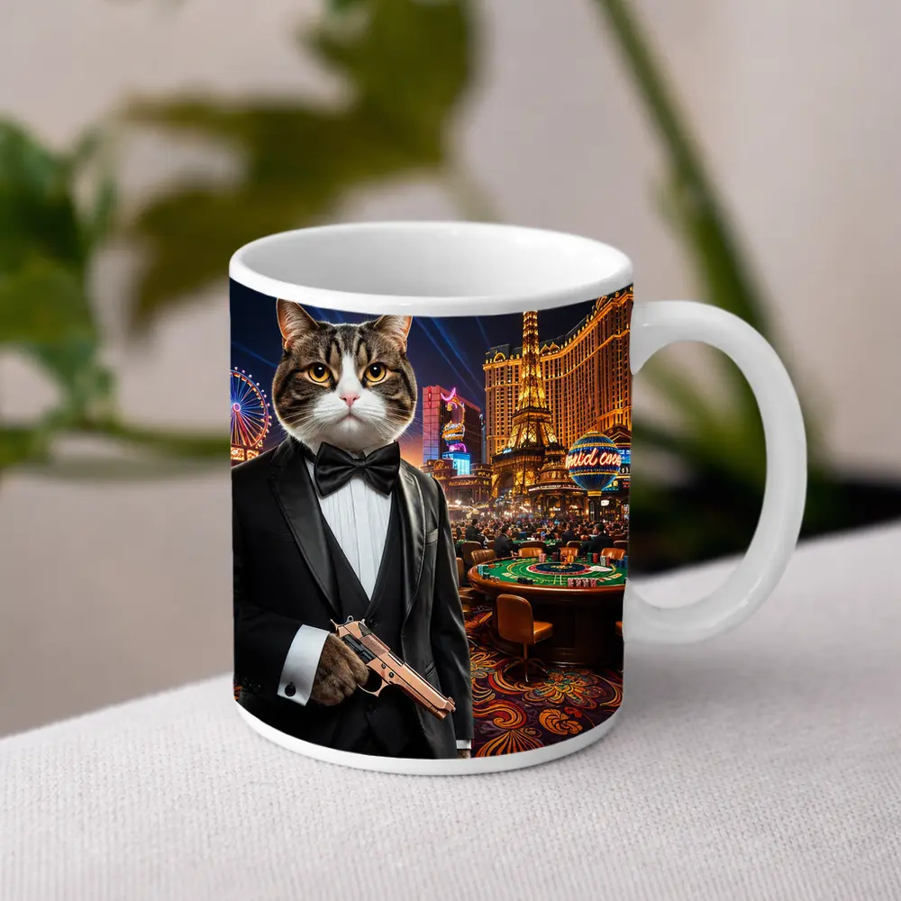 Tuxedo Cat Secret Agent Las Vegas Casino – Mugs