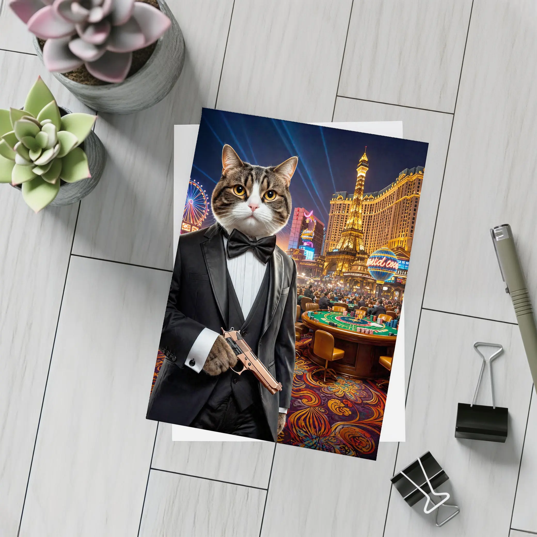 Tuxedo Cat Secret Agent Las Vegas Casino – Postcards