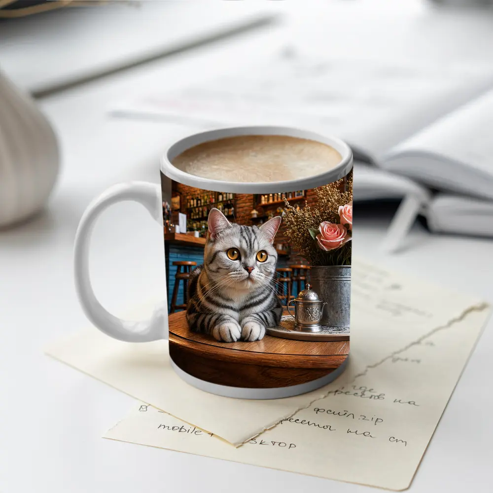 American Shorthair Cat Cozy Cafe Interior – Mugs