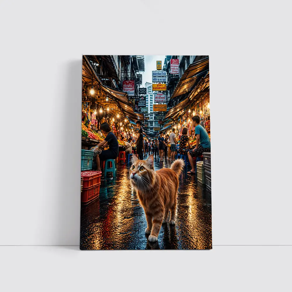 Orange Cat Bangkok Night Market Street – Wall Art