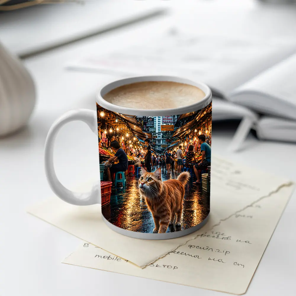 Orange Cat Bangkok Night Market Street – Mugs