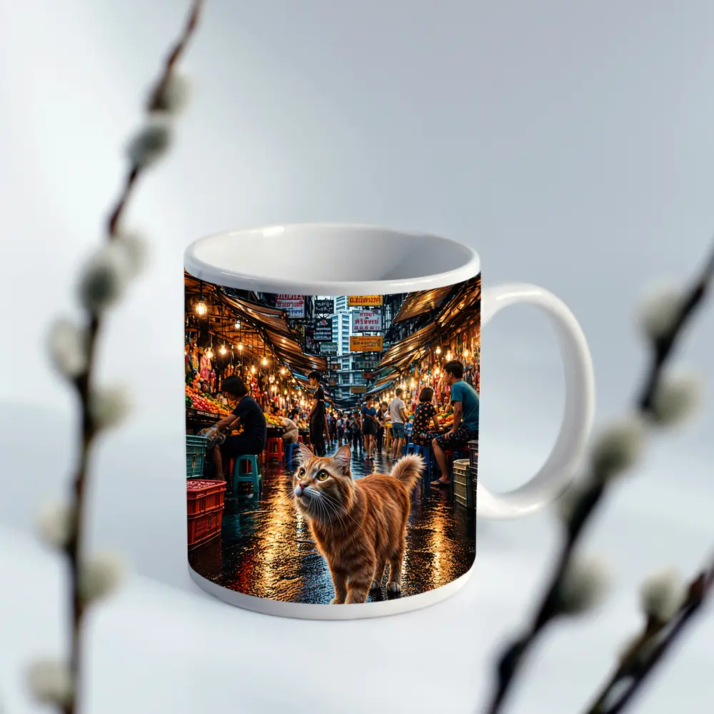 Orange Cat Bangkok Night Market Street – Mugs
