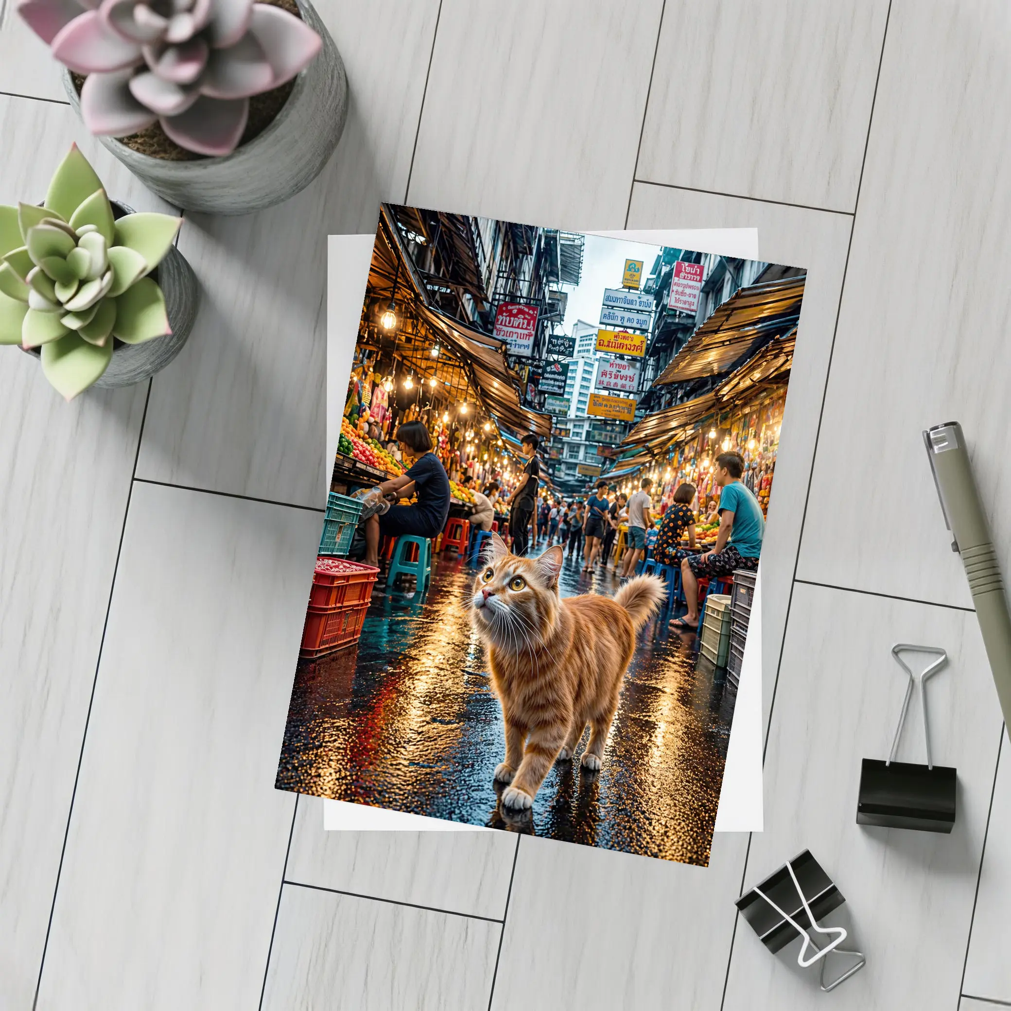 Orange Cat Bangkok Night Market Street – Postcards