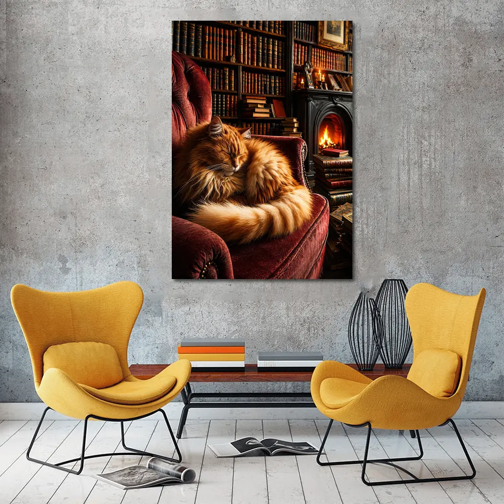 Fluffy Ginger Cat Sleeping Library Fireplace – Wall Art