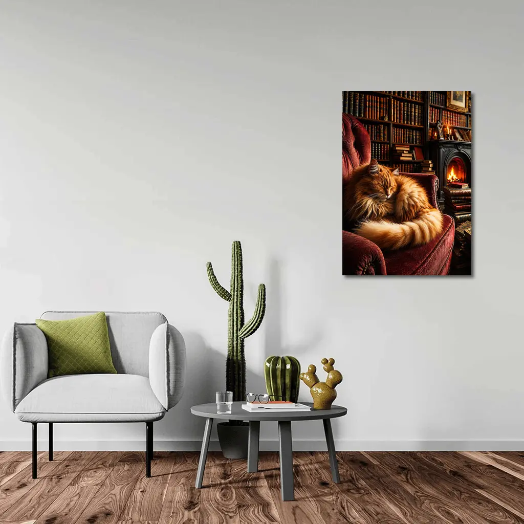 Fluffy Ginger Cat Sleeping Library Fireplace – Wall Art