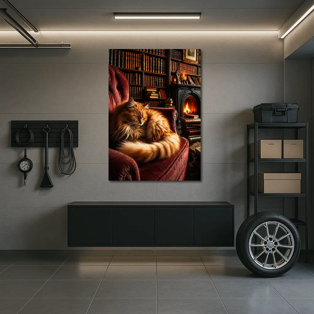 Fluffy Ginger Cat Sleeping Library Fireplace – Wall Art