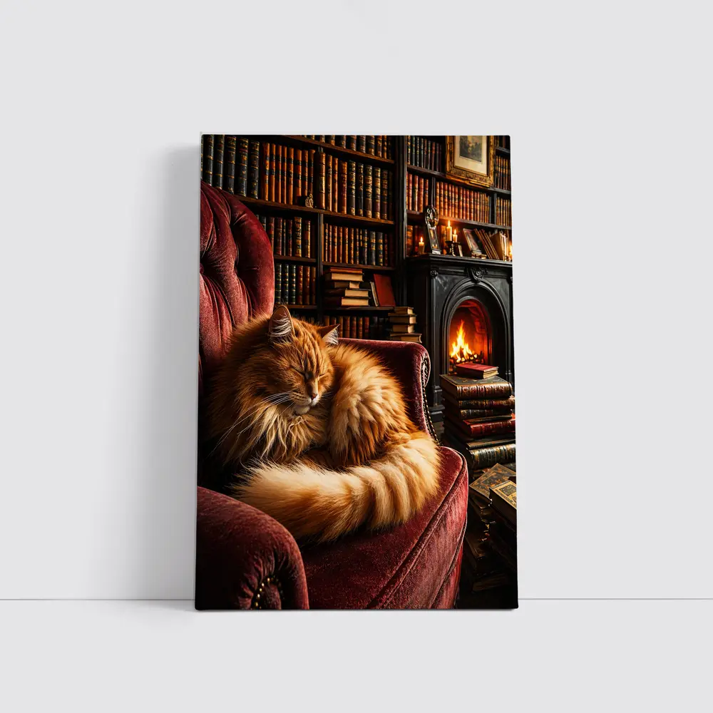Fluffy Ginger Cat Sleeping Library Fireplace – Wall Art