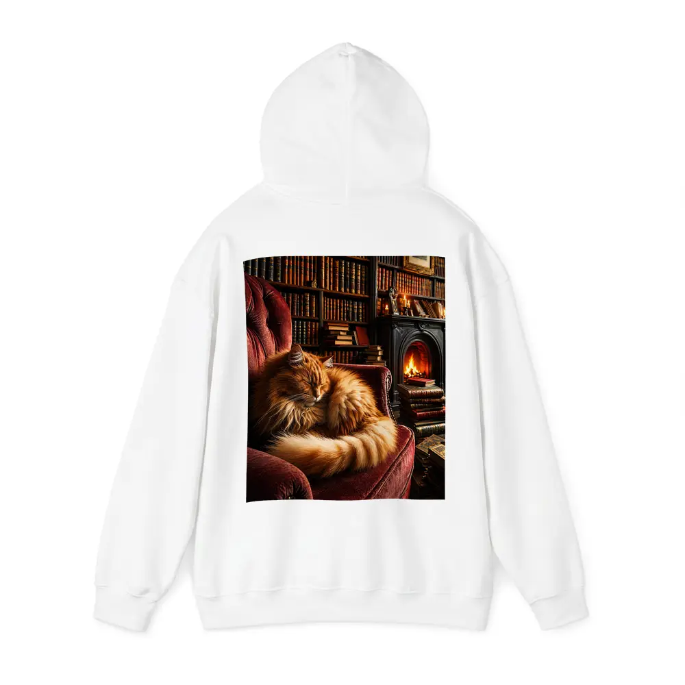 Fluffy Ginger Cat Sleeping Library Fireplace – Hoodies
