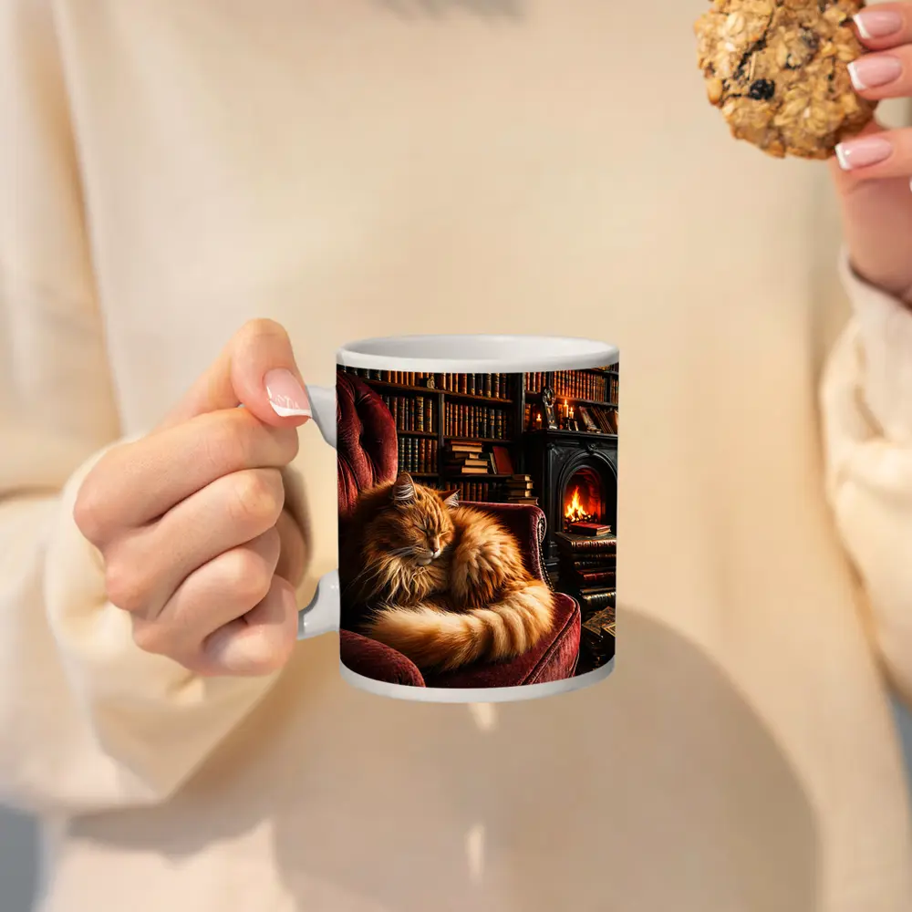 Fluffy Ginger Cat Sleeping Library Fireplace – Mugs