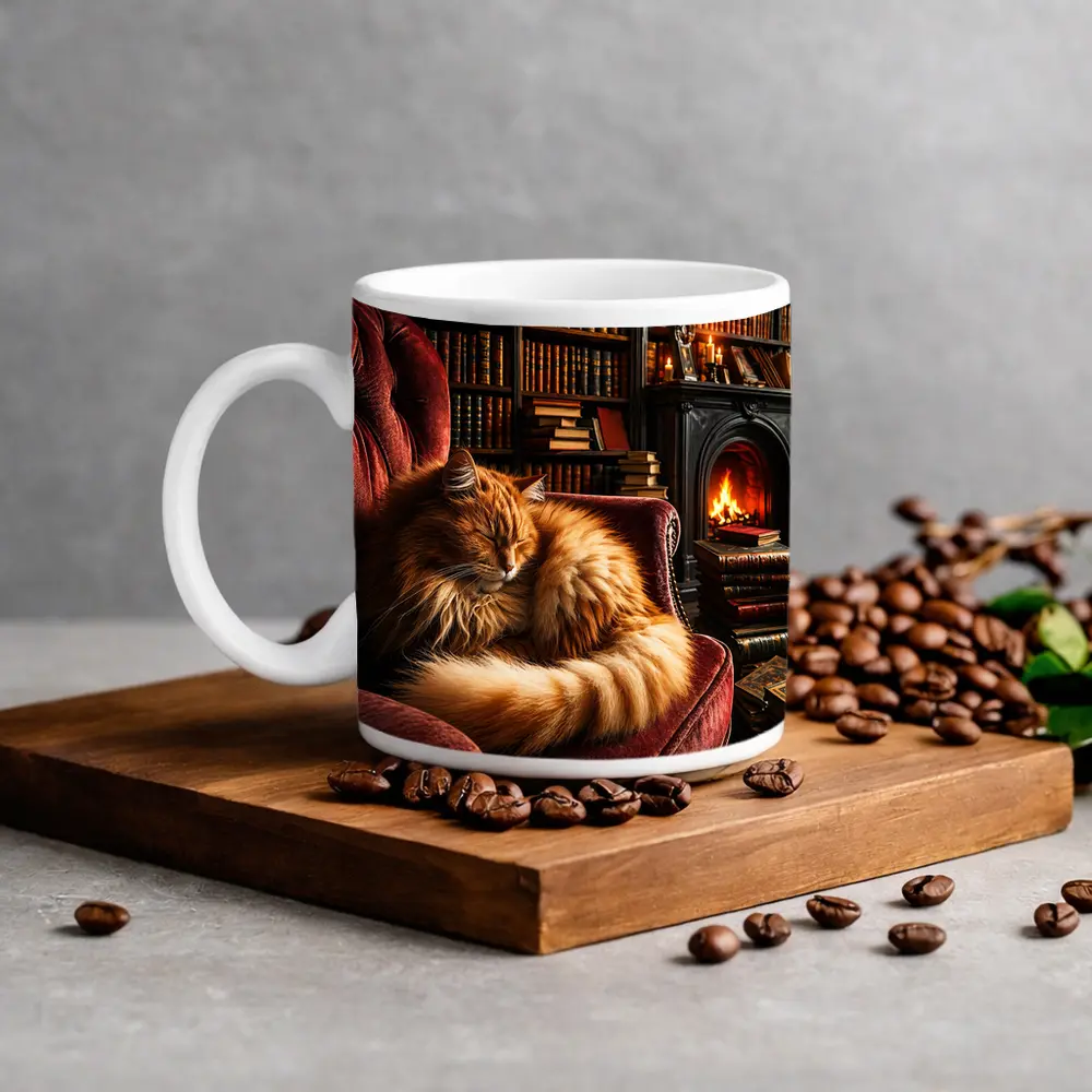 Fluffy Ginger Cat Sleeping Library Fireplace – Mugs