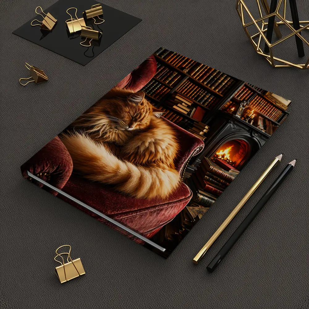 Fluffy Ginger Cat Sleeping Library Fireplace – Notebooks