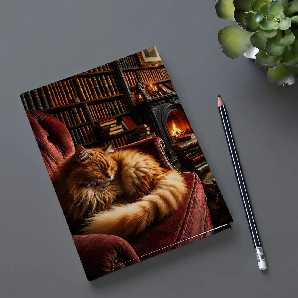 Fluffy Ginger Cat Sleeping Library Fireplace – Notebooks