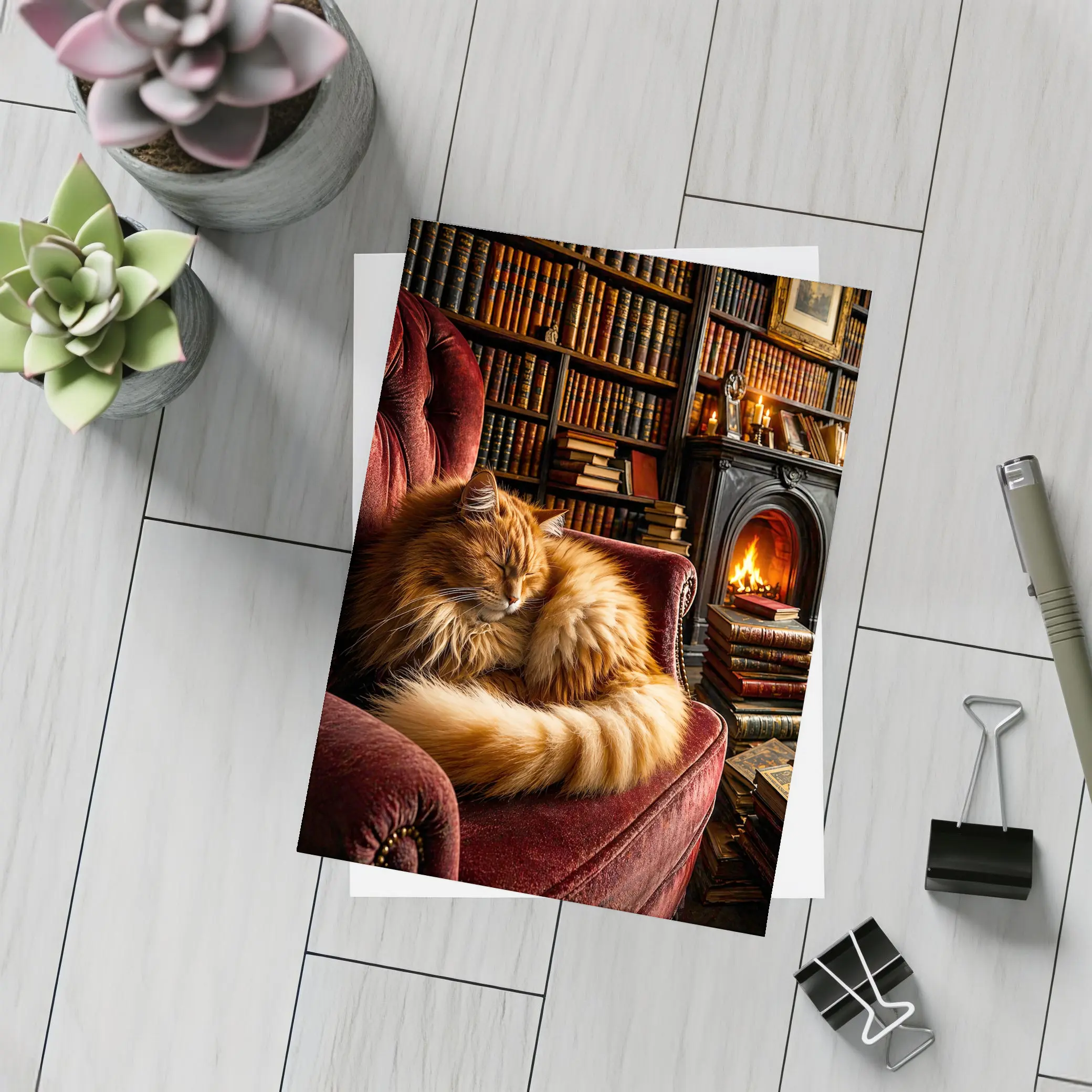 Fluffy Ginger Cat Sleeping Library Fireplace – Postcards