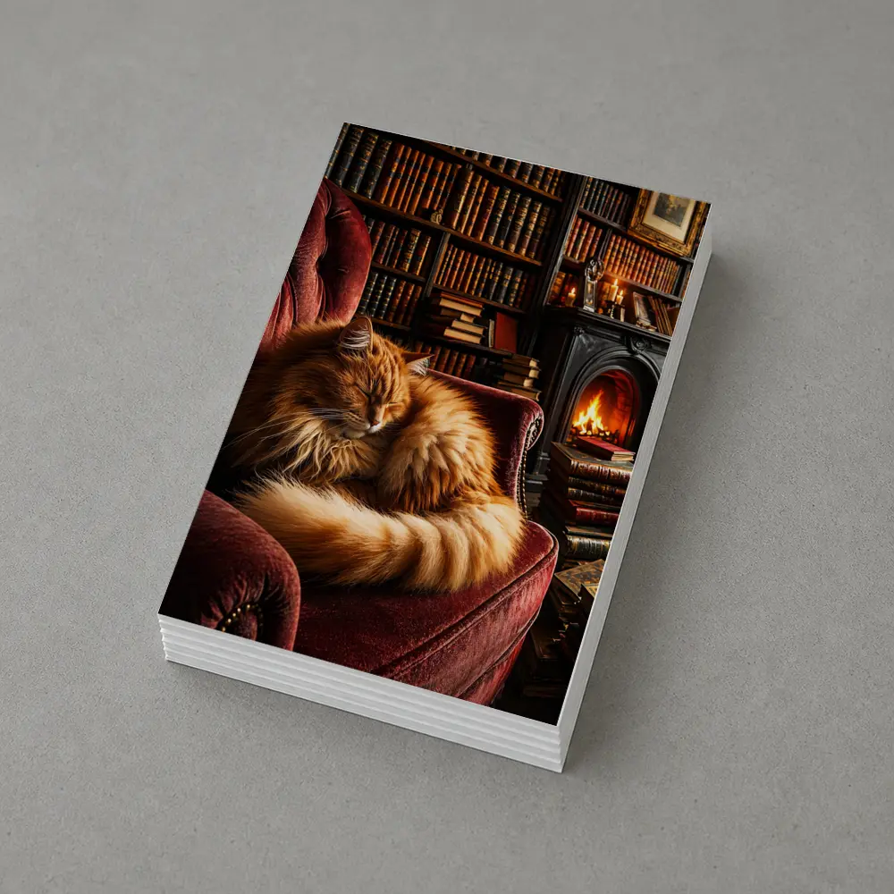 Fluffy Ginger Cat Sleeping Library Fireplace – Postcards