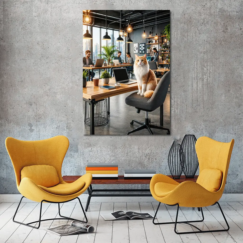 Orange Cat Sitting In Modern Office – Wall Art