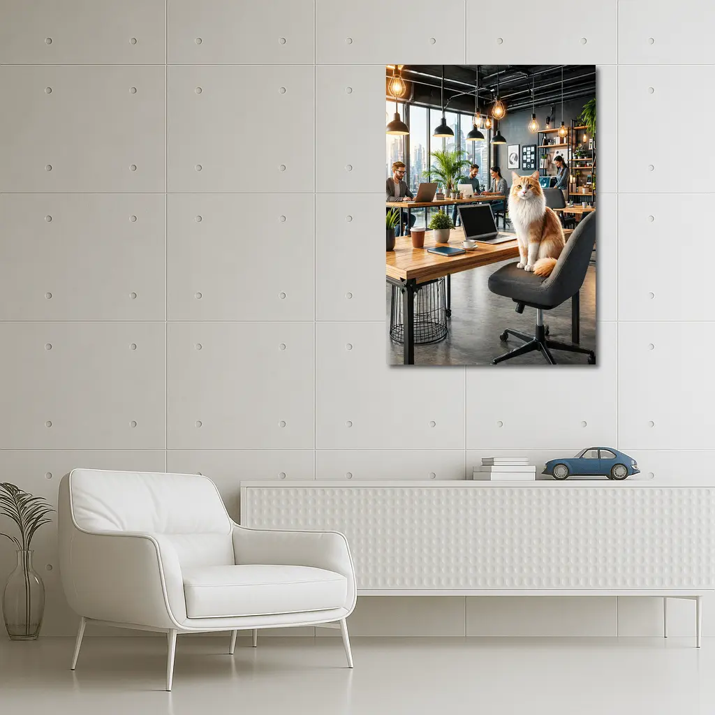 Orange Cat Sitting In Modern Office – Wall Art