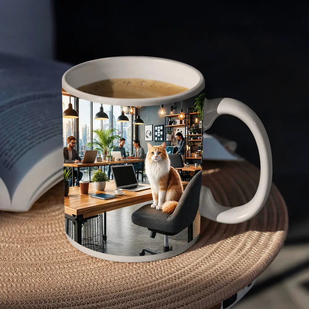 Orange Cat Sitting In Modern Office – Mugs