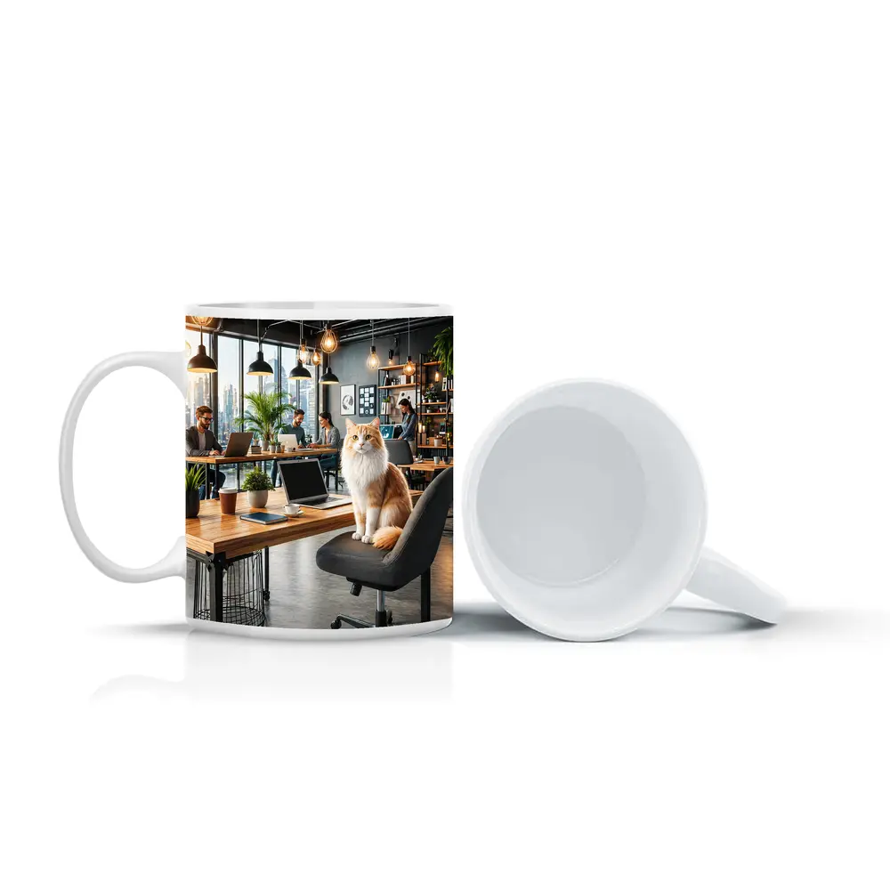 Orange Cat Sitting In Modern Office – Mugs