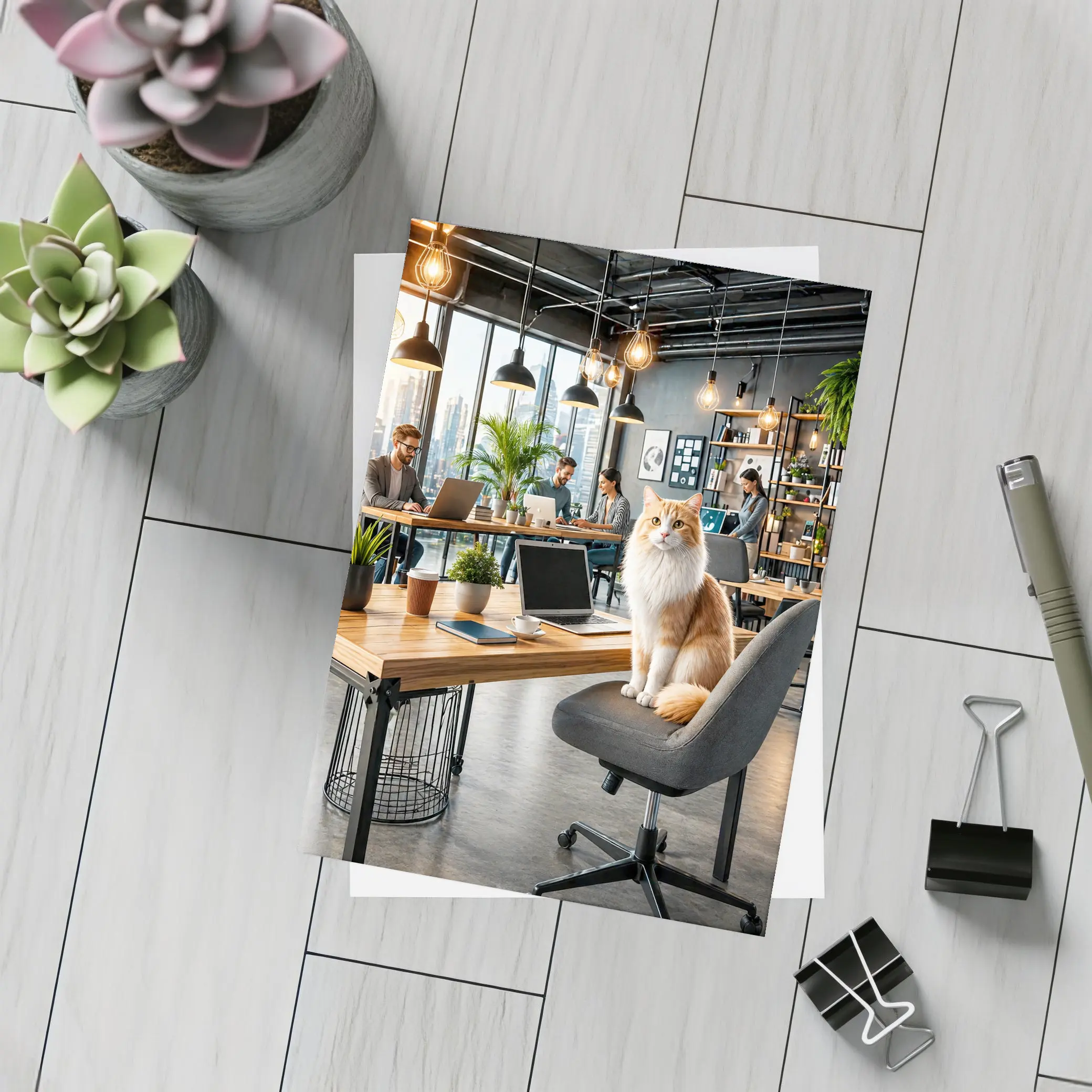 Orange Cat Sitting In Modern Office – Postcards