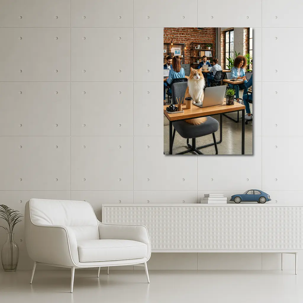 Fluffy Cat Sitting at Office Desk – Wall Art
